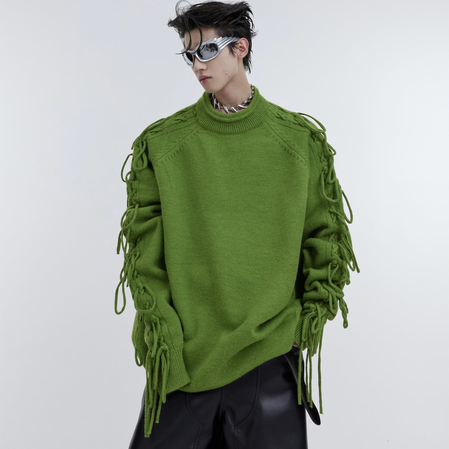 Deconstructed Fringe Design Crease Crease Neck Knit Sweater