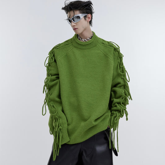 Deconstructed Fringe Design Crease Crease Neck Knit Sweater