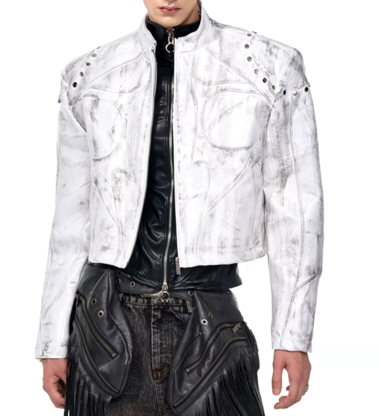 Mens Stand Up Collar Leather Jacket With Shoulder Pads