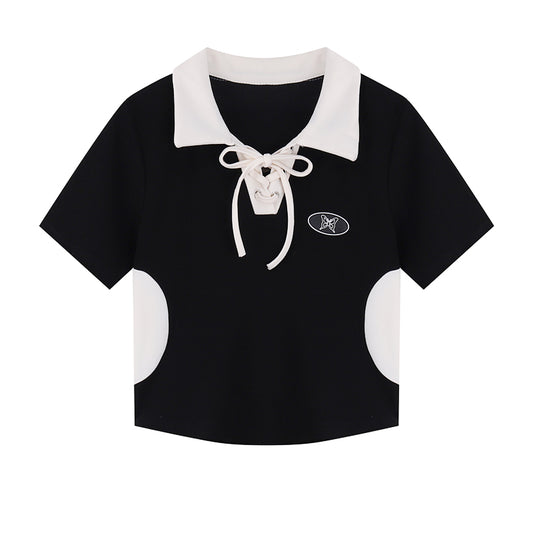 Design Sense Niche Polo Neck Lace Up Short Sleeve