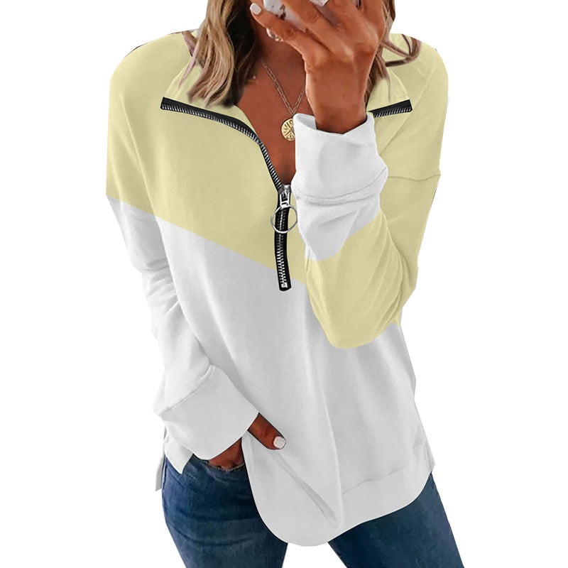 Contrast Color Zip Pullover Sweatshirt Loose Versatile Long Sleeve Top
