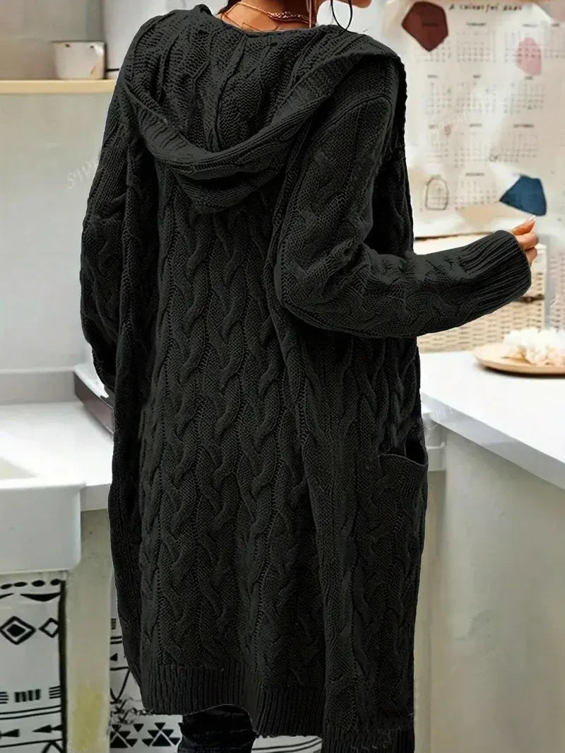 Long Knitted Plus-size Solid-color Sweater With Long Sleeves And Pockets