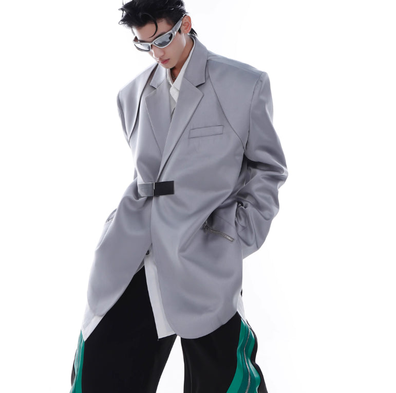 Design Sense Padded Shoulder Suit Jacket Zipper Stitching Ice Silk Fabric Suit