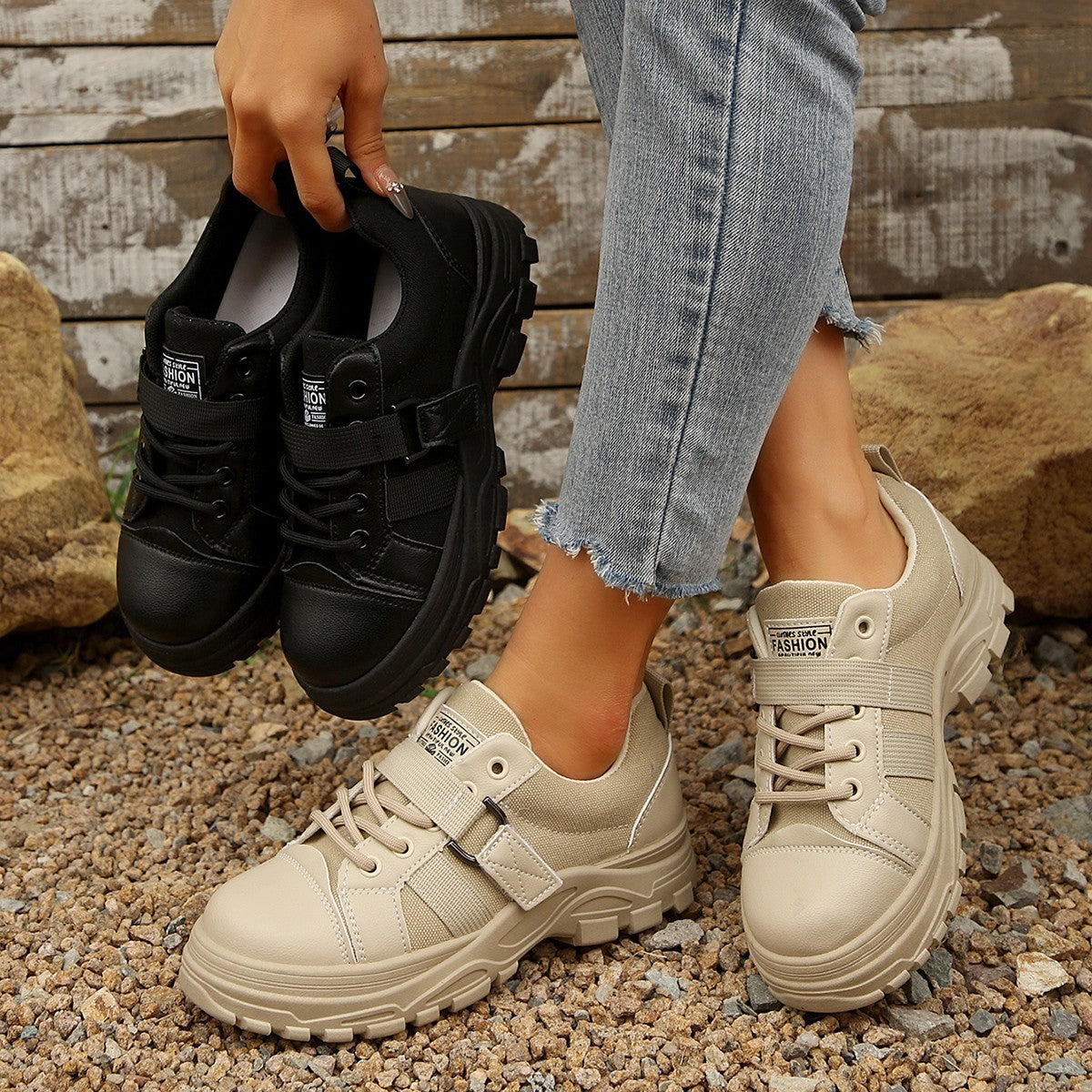 Lacesko I Lærred Med Krogdesign Moderigtige Åndbare Sneakers Med Tyk Såle Og Rund Tå Til Kvinder