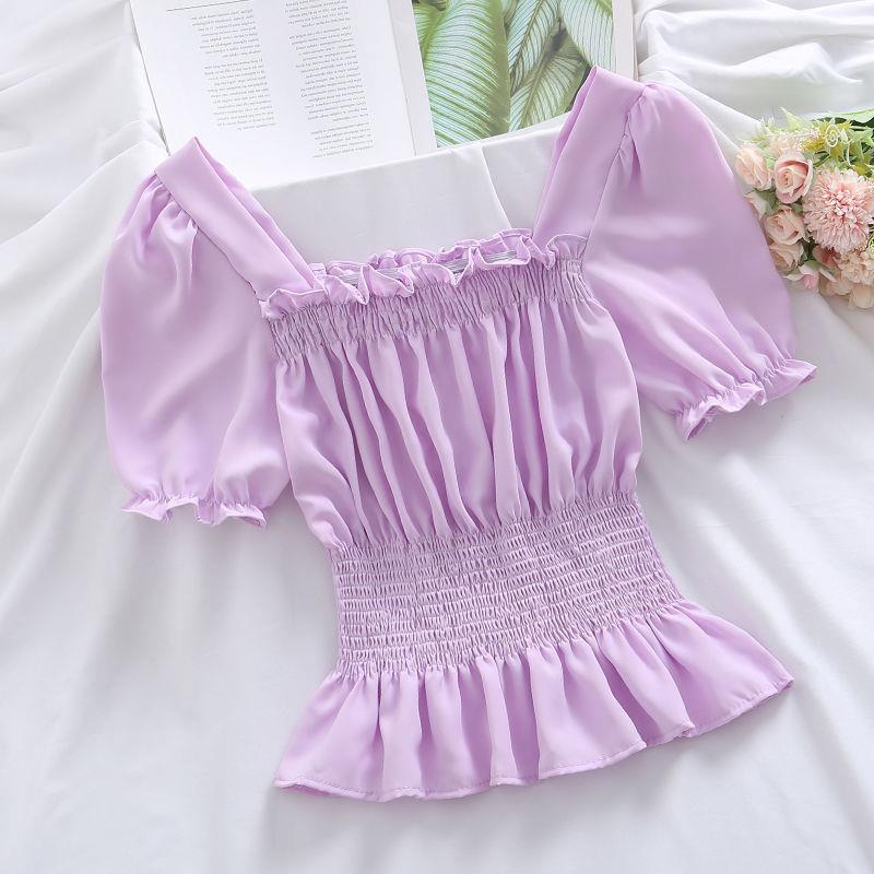 Summer New Design Sense Short Puff Sleeve Chiffon Shirt Women's Short Sleeve Square Collar Top