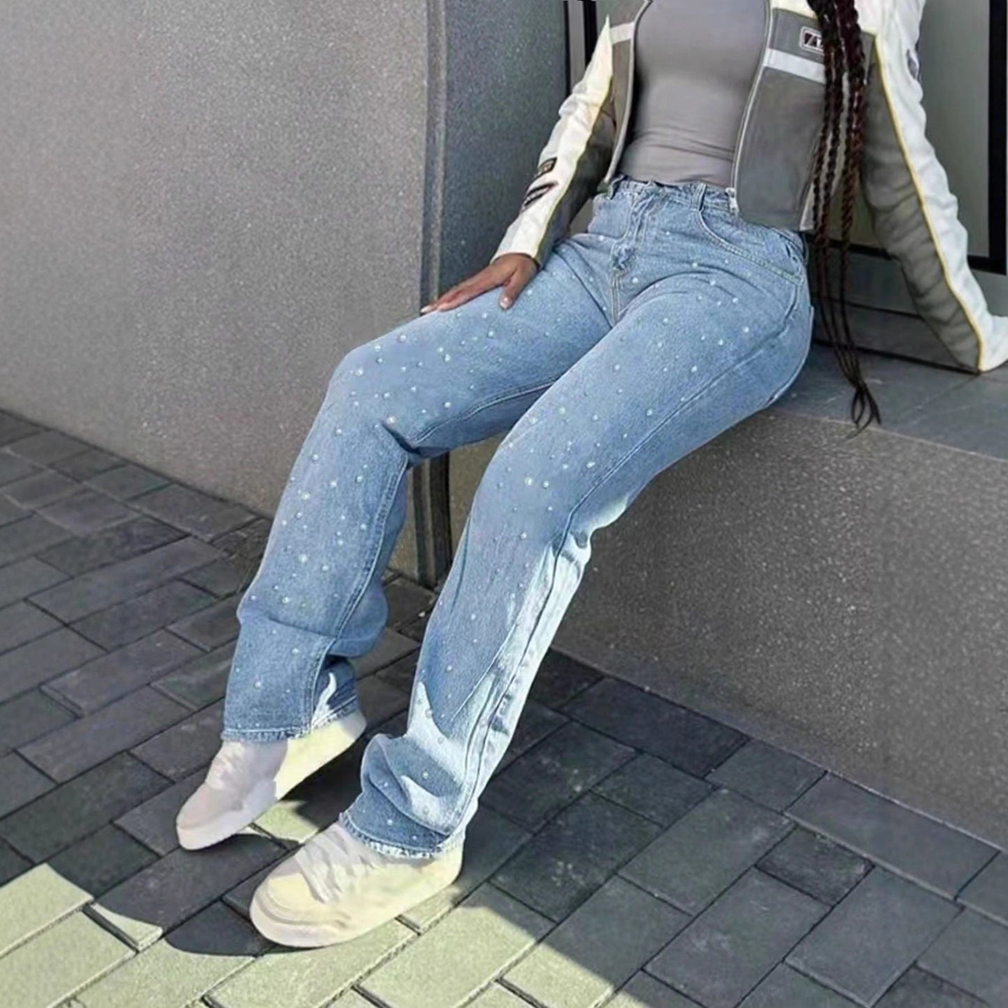 Elegante rhinstensjeans med brede ben til damer