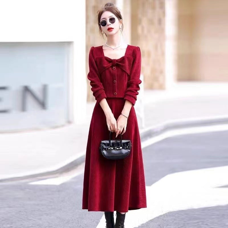 Womens Fashion Corduroy Top And Skirt Two-piece Set