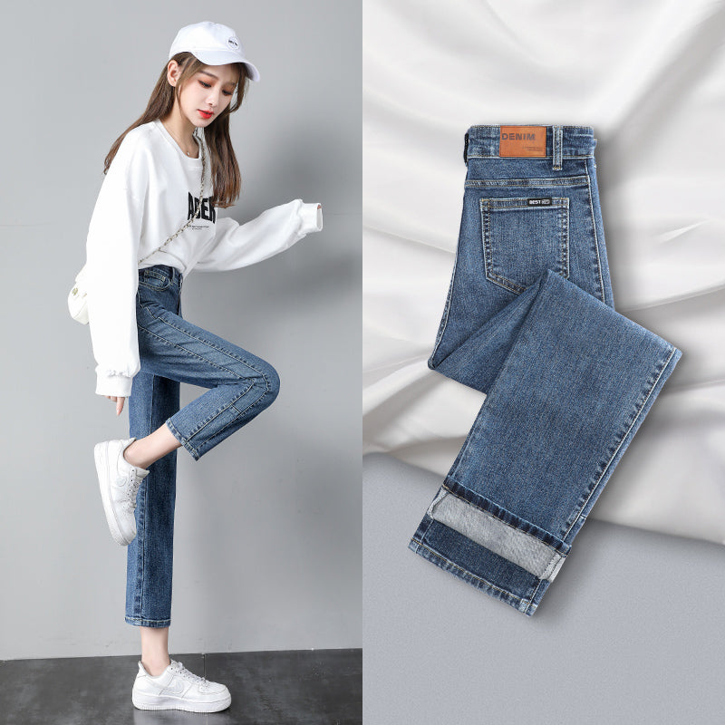 Straight-leg Jeans High-waisted Slim Nine-point Wide-legs