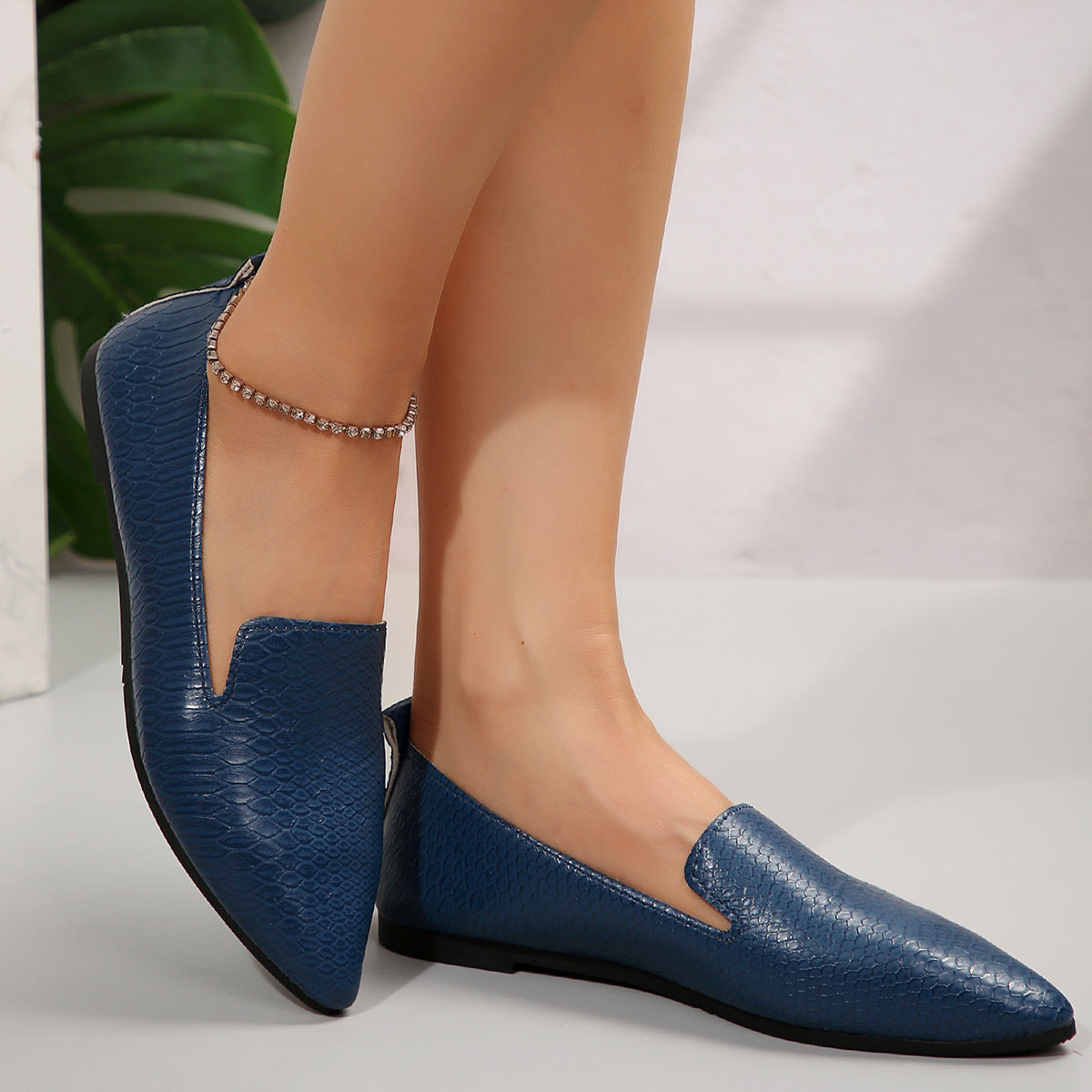 Enkle spidse slangemønstrede flade pumps, slip-on dovnesko til eksport