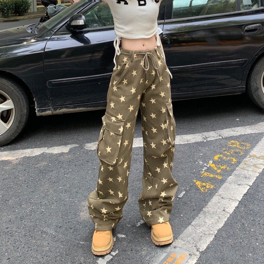 American Vintage Distressed Full Star Yellow Drawstring Trousers