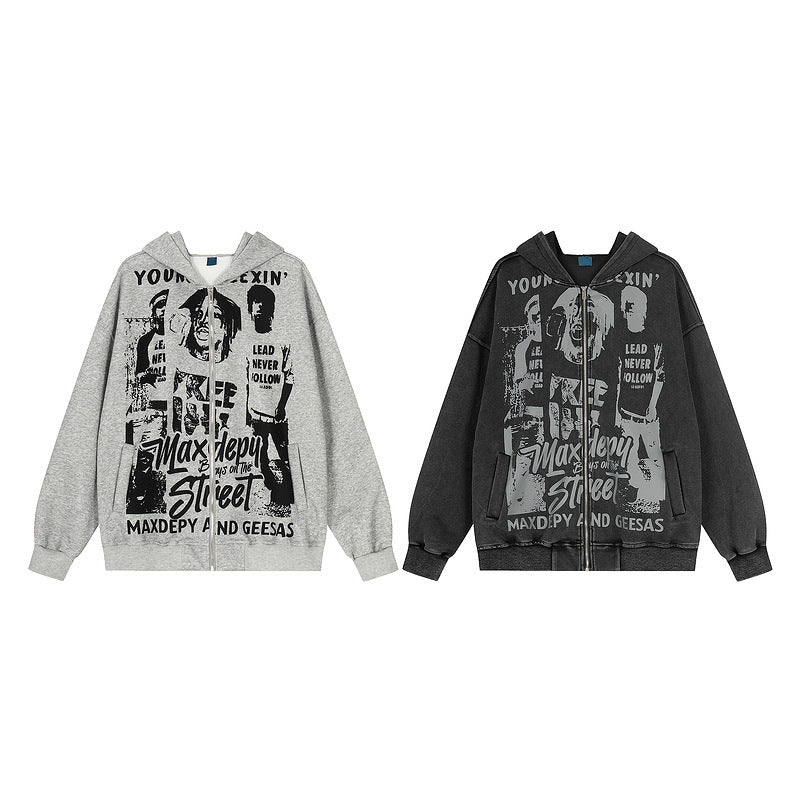 Water-washed Vintage-style Printed Hooded Cardigan Jacket Loose-fit Springautumn Zip-up Jacket