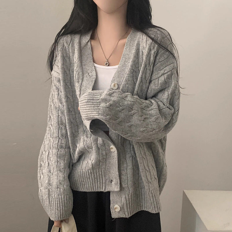 V-neck Single Breasted Hemp Pattern Versatile Loose Long Sleeves Knitted Sweater