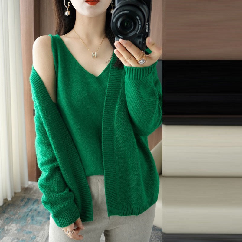 Knitted Cardigan Two-piece Sling Temperament V-neck Sweater