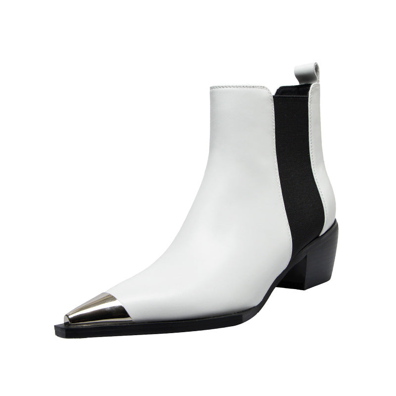 British Style Mid-heeled Single-boot Motorcycle Metal Pointed Toe Thick-heeled Short Boots