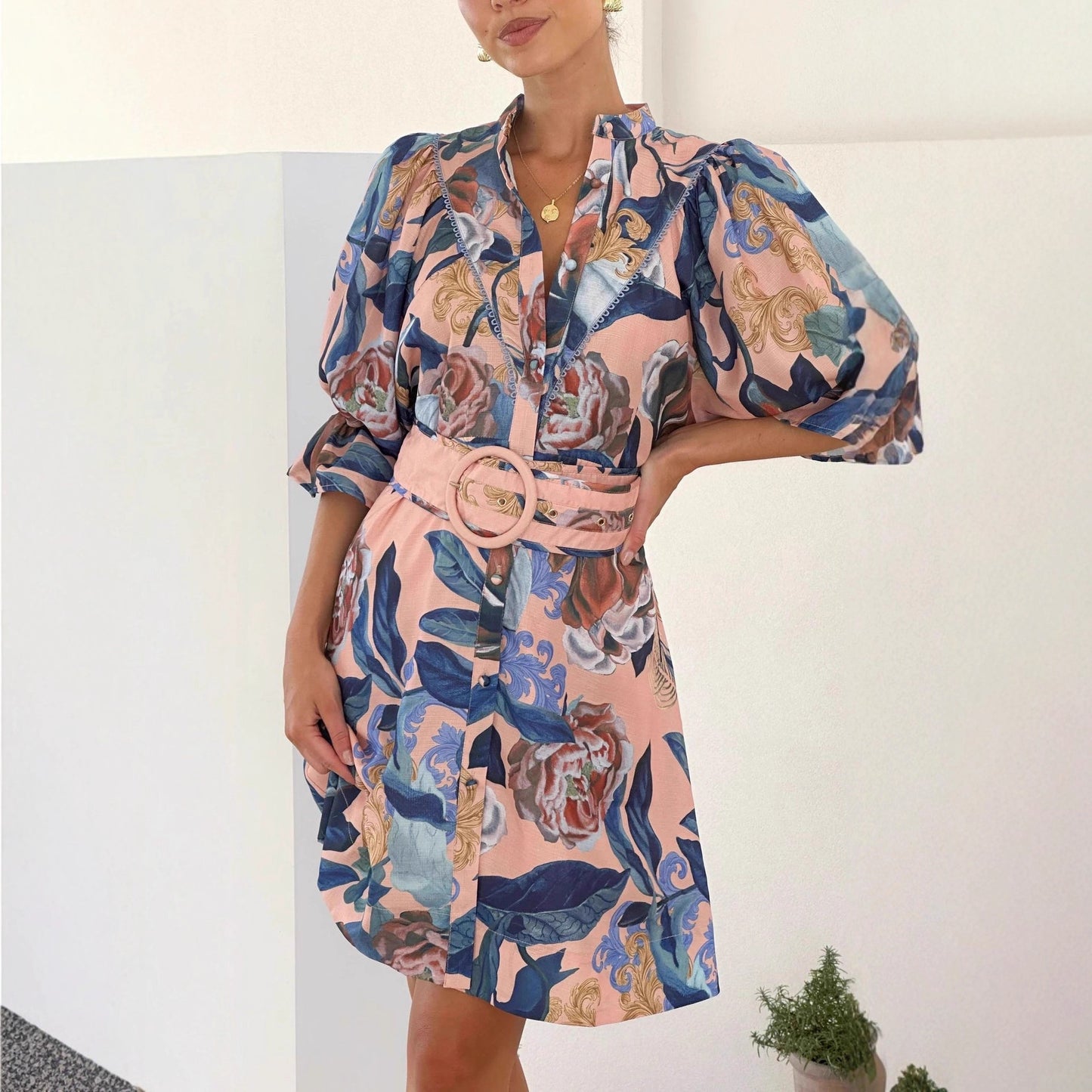 Stylish All-matching Linen Dress With A Chic Print And Lace Trim