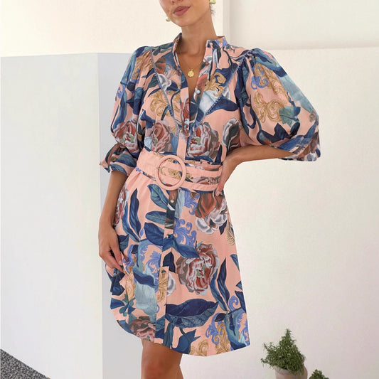 Stylish All-matching Linen Dress With A Chic Print And Lace Trim