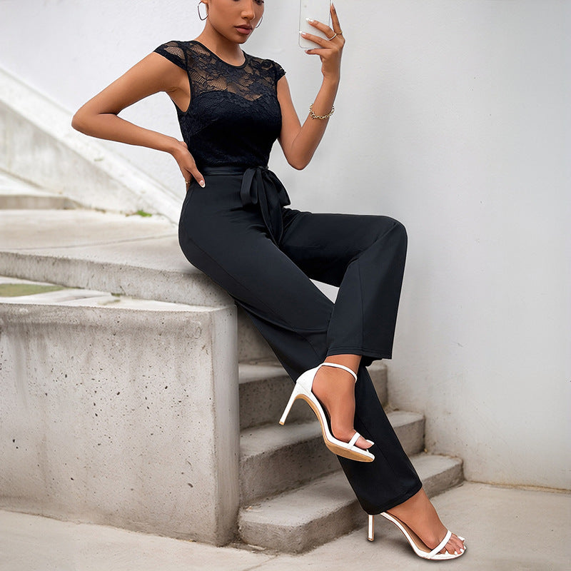 Lace Stitching Sleeveless Jumpsuit High Waist