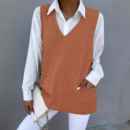 Women's Loose V-neck Double Pocket Knitted Sleeveless Sweater Waistcoat