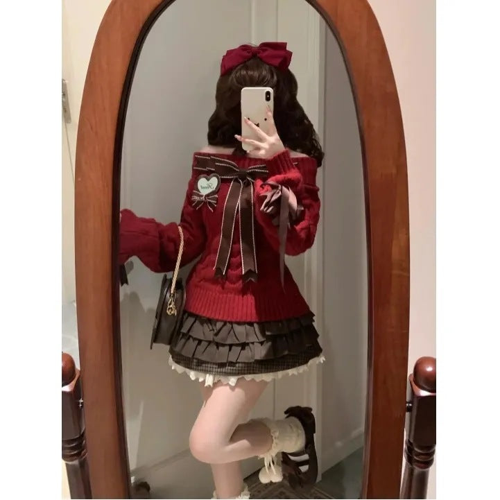 Womens Knitted Sweater And Skirt Set With Bow Detail