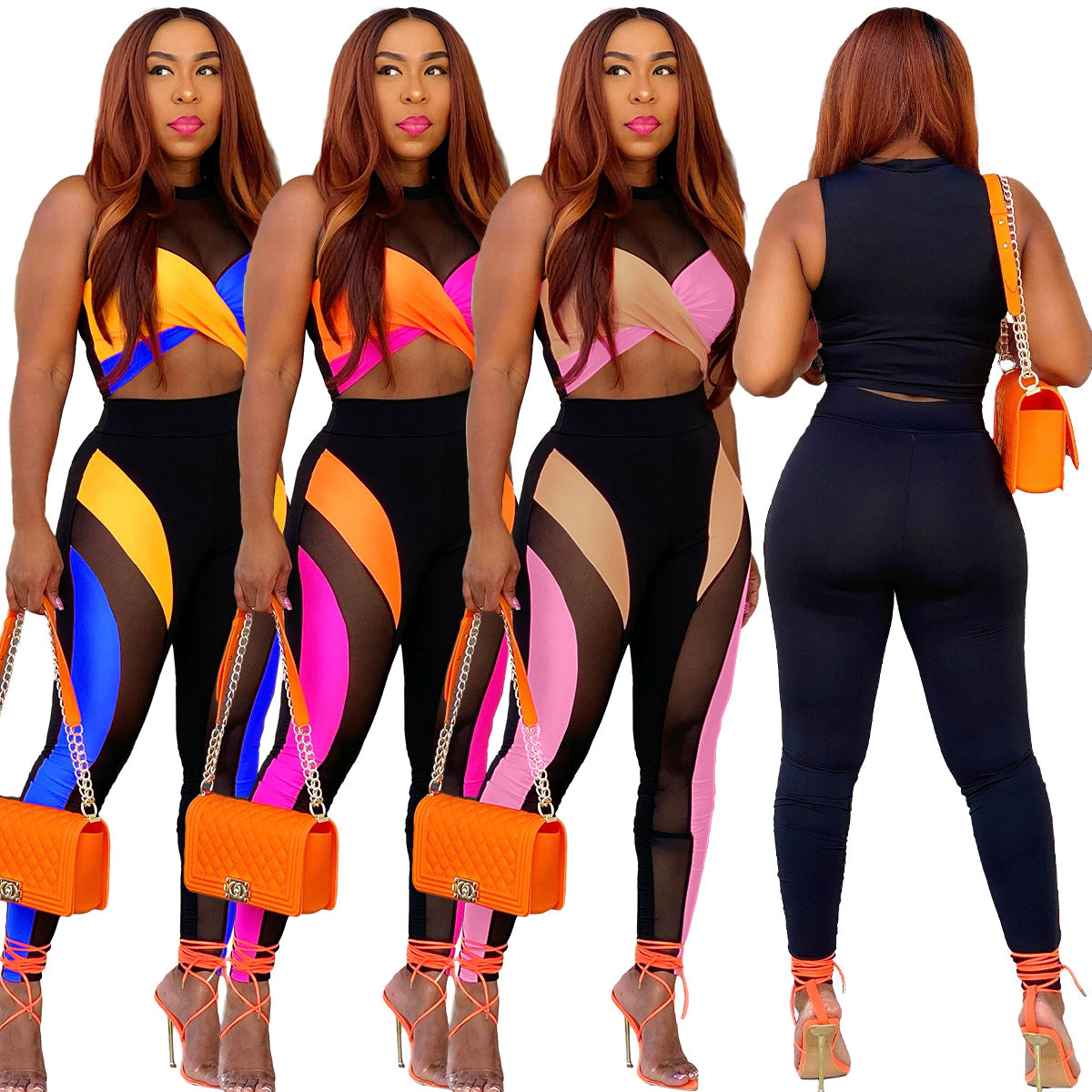 Color Matching Mesh Sexy Vest Trousers Two-piece Set