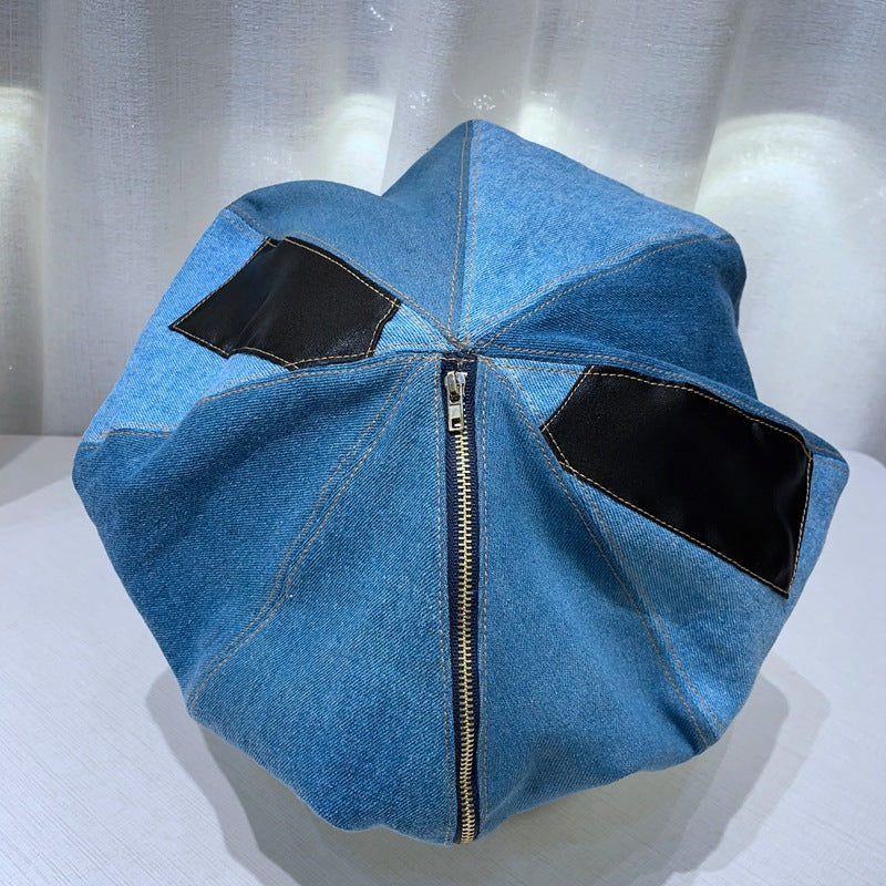 Washed Denim Niche Cloud Zip Beret Hat