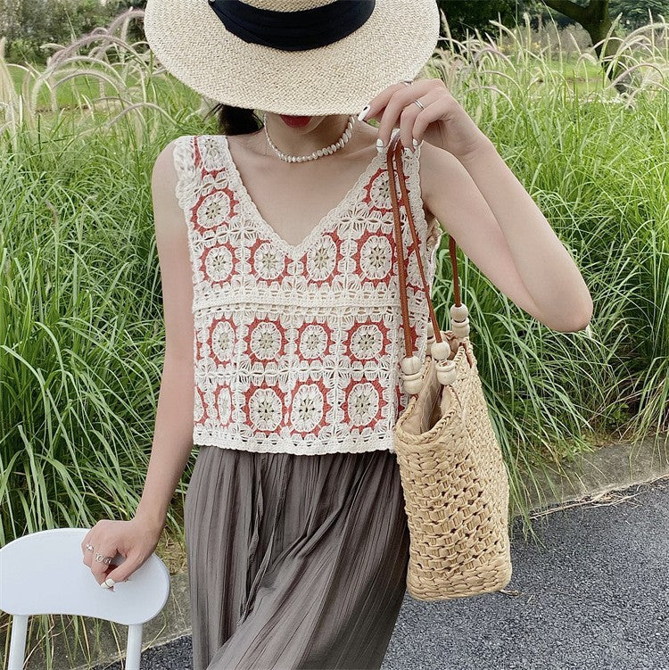 Hollow Knitted Short Inner Knitted Embroidery Sexy Small Sling Vest