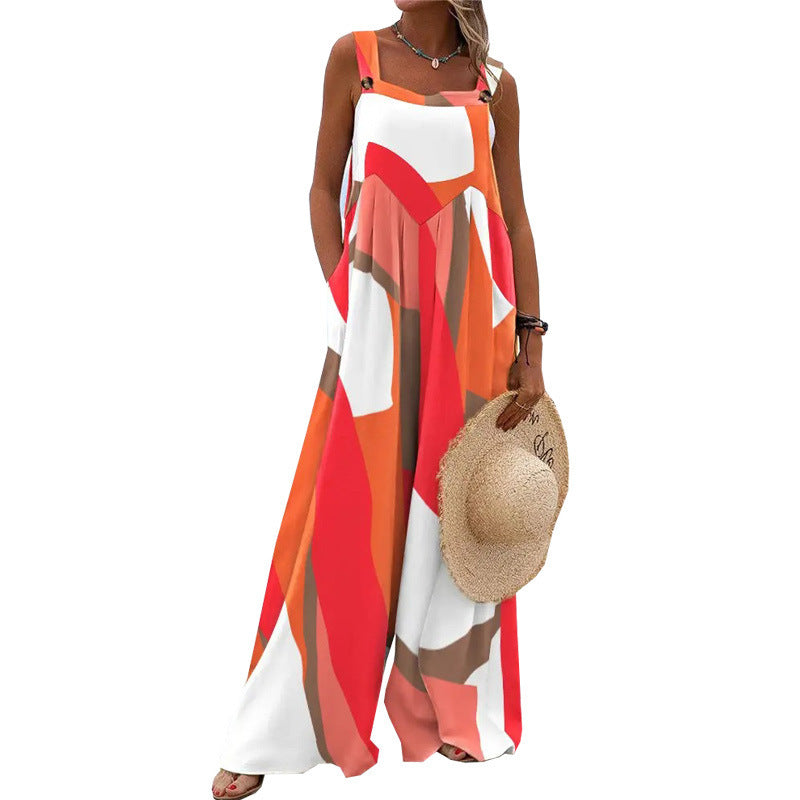 Printed Sleeveless Loose Casual Suspender Jumpsuit Wide Leg Pants Women