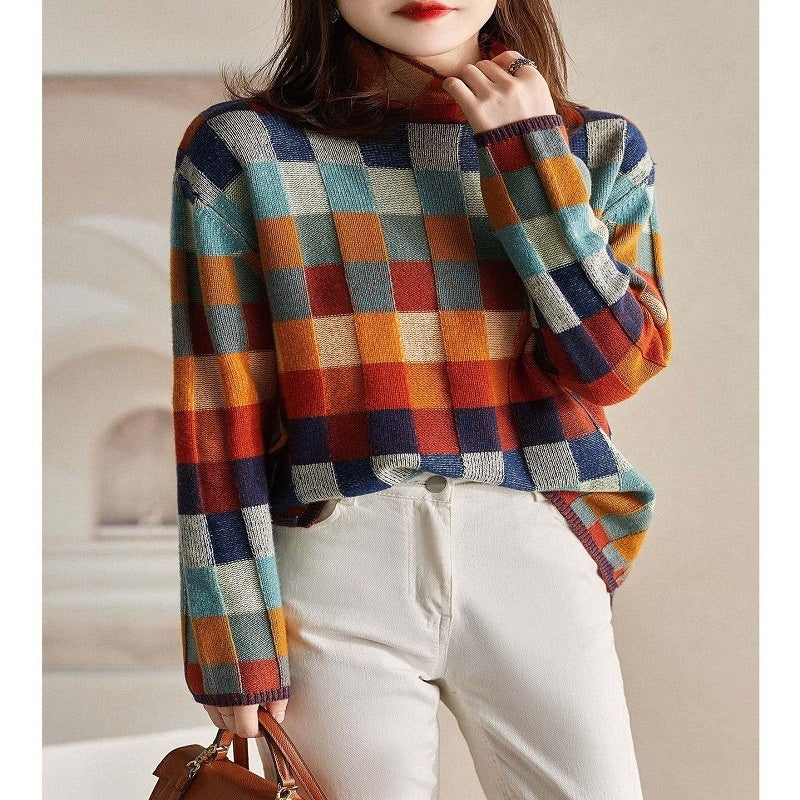 Women's Colorful Chessboard Plaid Turtleneck Laid-back Figure Flattering Sweater