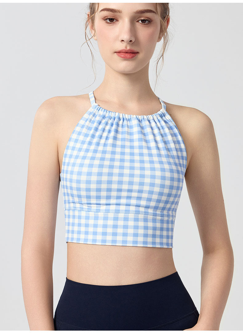 Womens Polka-Dot Plaid Printed Halterneck Tank Top With Cross-Over Design