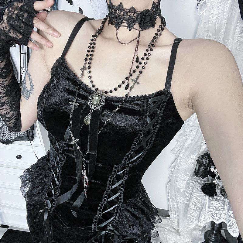 Velvet Lace Patchwork Camisole Subculture-Style New Sexy Dark Chic Tank Top
