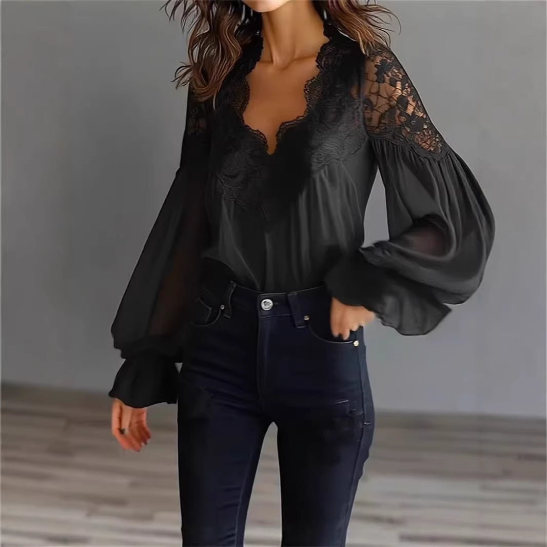 Lace-panelled Ruffled Puff-sleeve Pleated Shirt