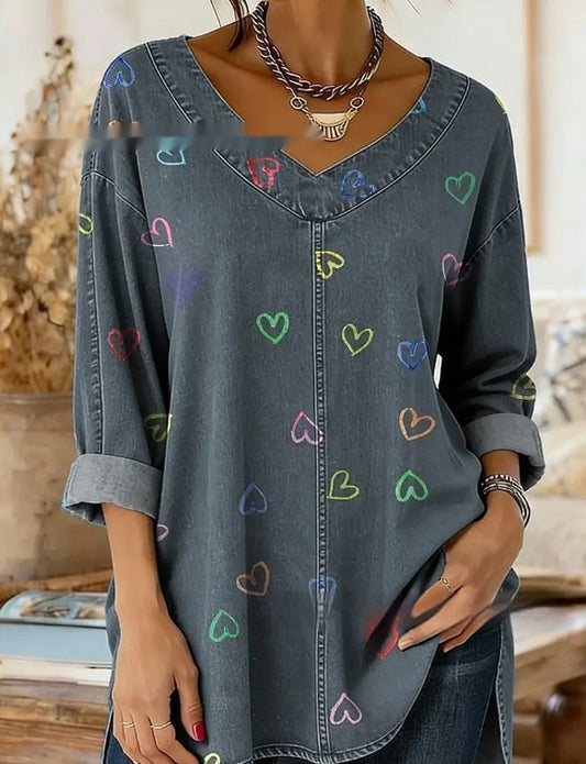 Retro Botanical Print Relaxed-fit Long-sleeve Casual Top