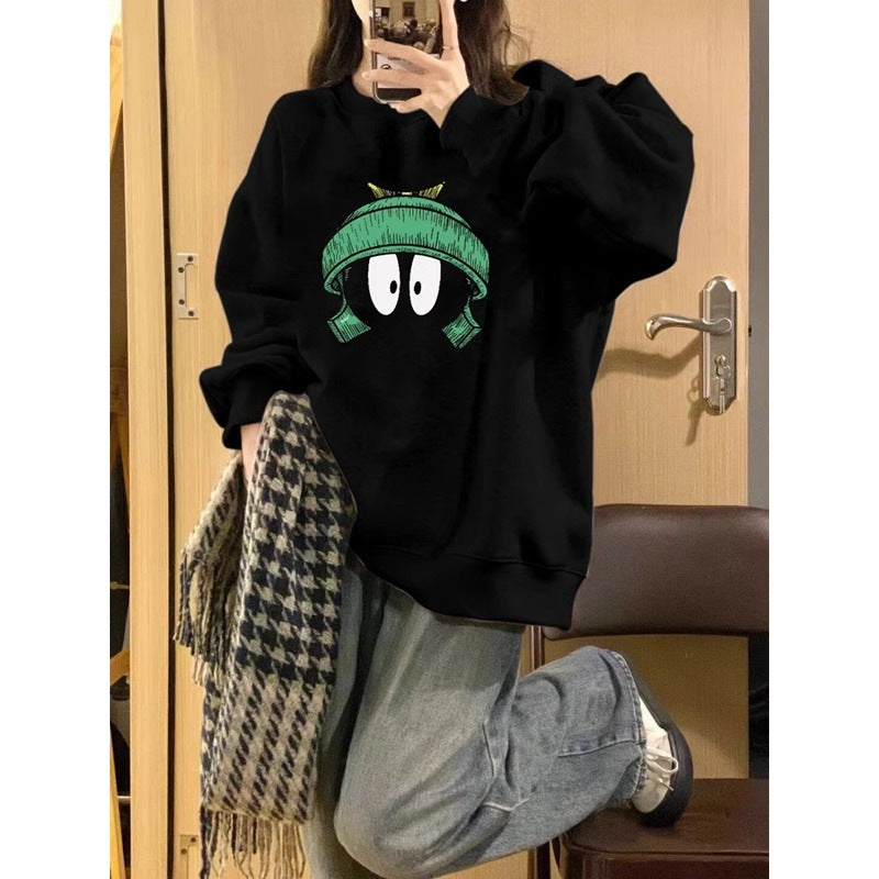 Autumn And Winter New Round Neck Loose Casual Fleece-lined Hoodless Sweater Women
