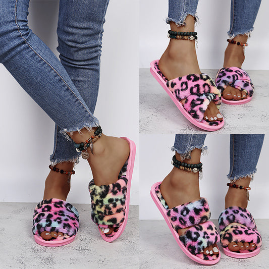 Kvinder Nye Indendørs Fuzzy Leopard Plys Hjemme Flat Med Fuzzy Hjemmesko