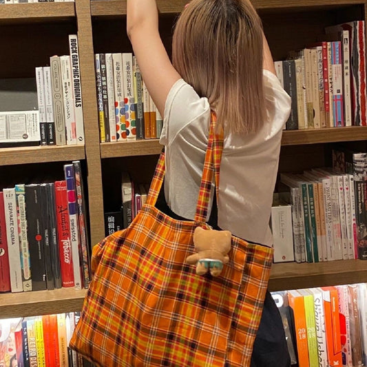 Niche Retro Plaid Orange Tote Bag Portable
