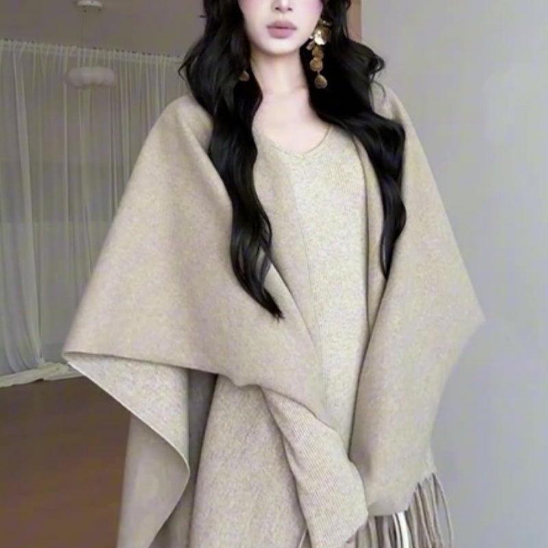 Temperament Knit Set Autumn V-neck Long Sleeve Dress Shawl Two-piece Women