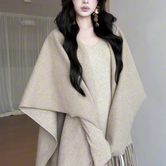 Temperament Knit Set Autumn V-neck Long Sleeve Dress Shawl Two-piece Women