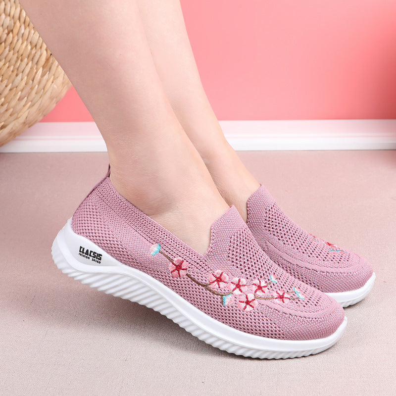 Flower Embroidery Flats Summer Walking Shoes Women's Mesh Breathable Casual Shoes