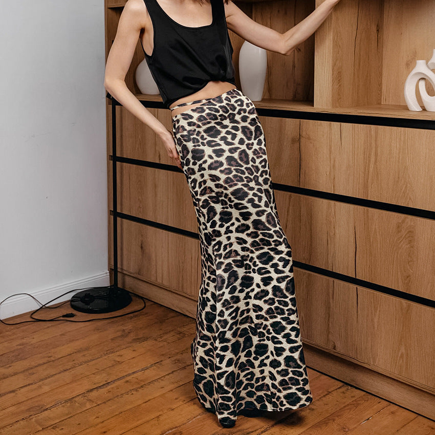 Leopard-print Sheath Fishtail Skirt Commuter High Waist Satin Mopping Dress