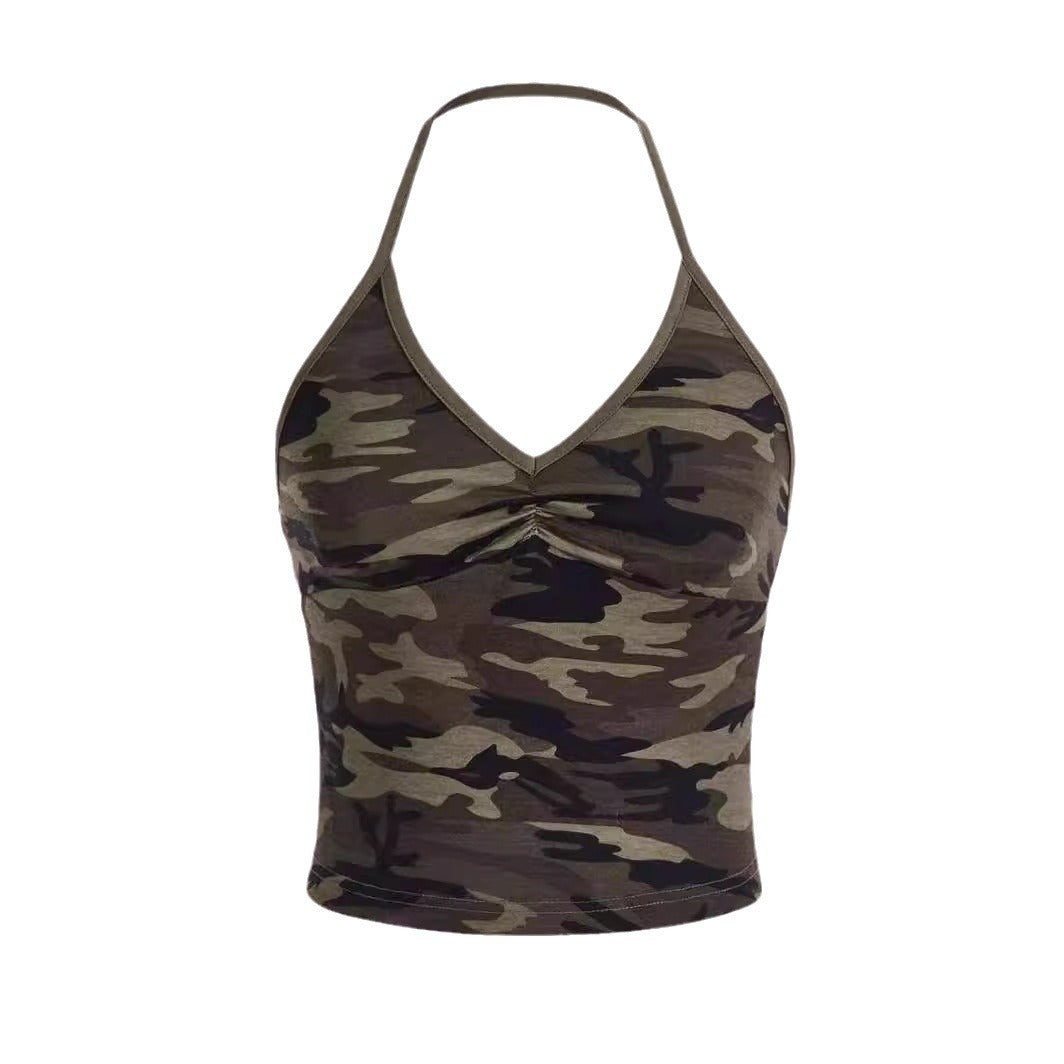 Camouflage V-neck Sleeveless Backless Slim Fit Slimming And Short Vest