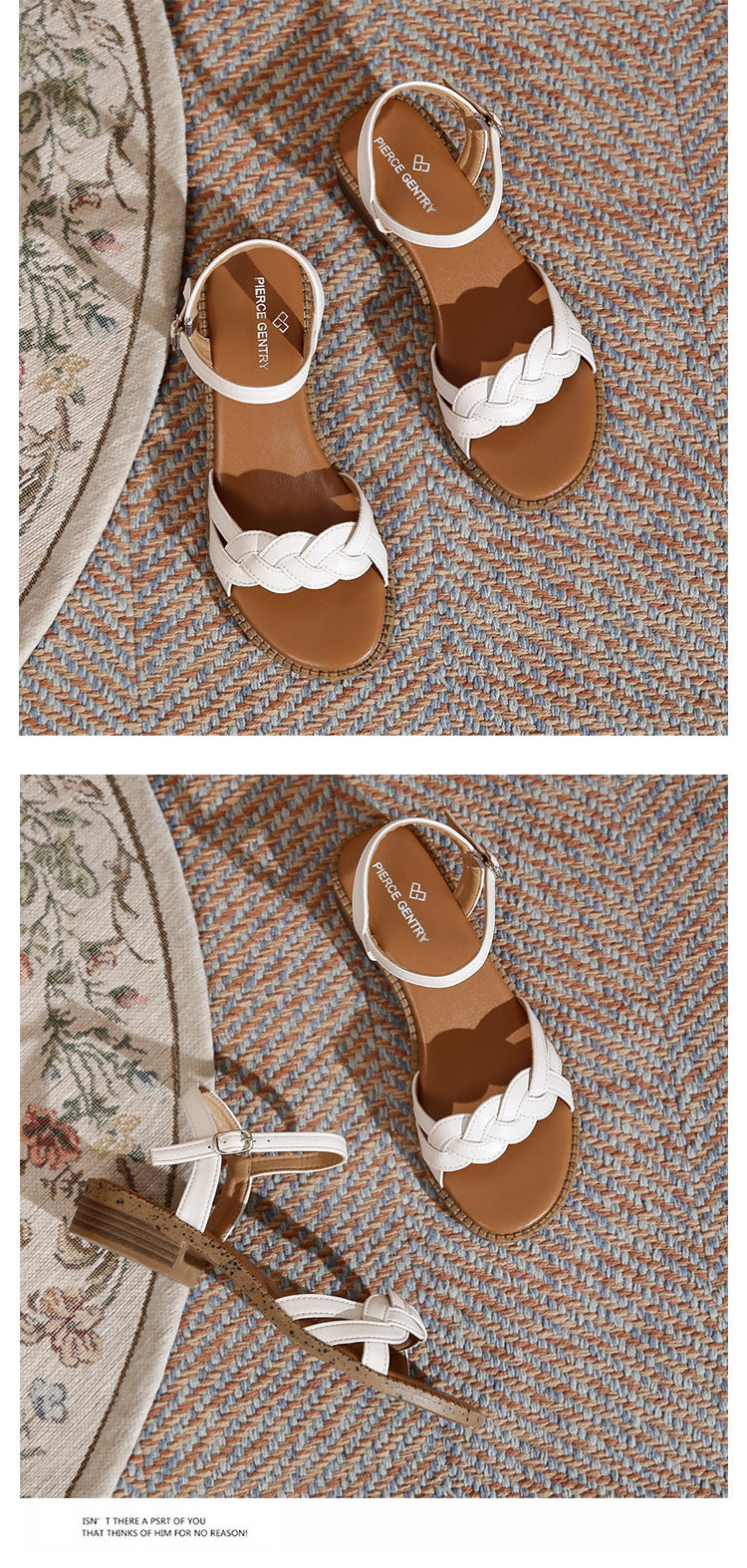 Soft Leather Retro Roman Flat Open Toe Low Heel Woven Buckle Beach Sandals