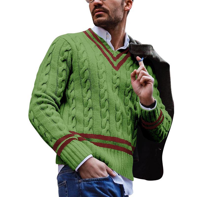 Men's Striped Color Blocking Knitting V-neck Sweater