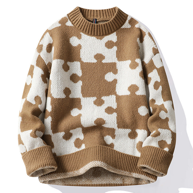 Løs sweater i koreansk stil med fransk rund hals og kontrastfarvede syninger