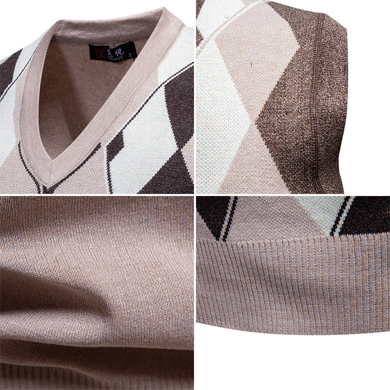 Mens Fashion Jacquard Knitted Sweater V-Neck Pullover Vest