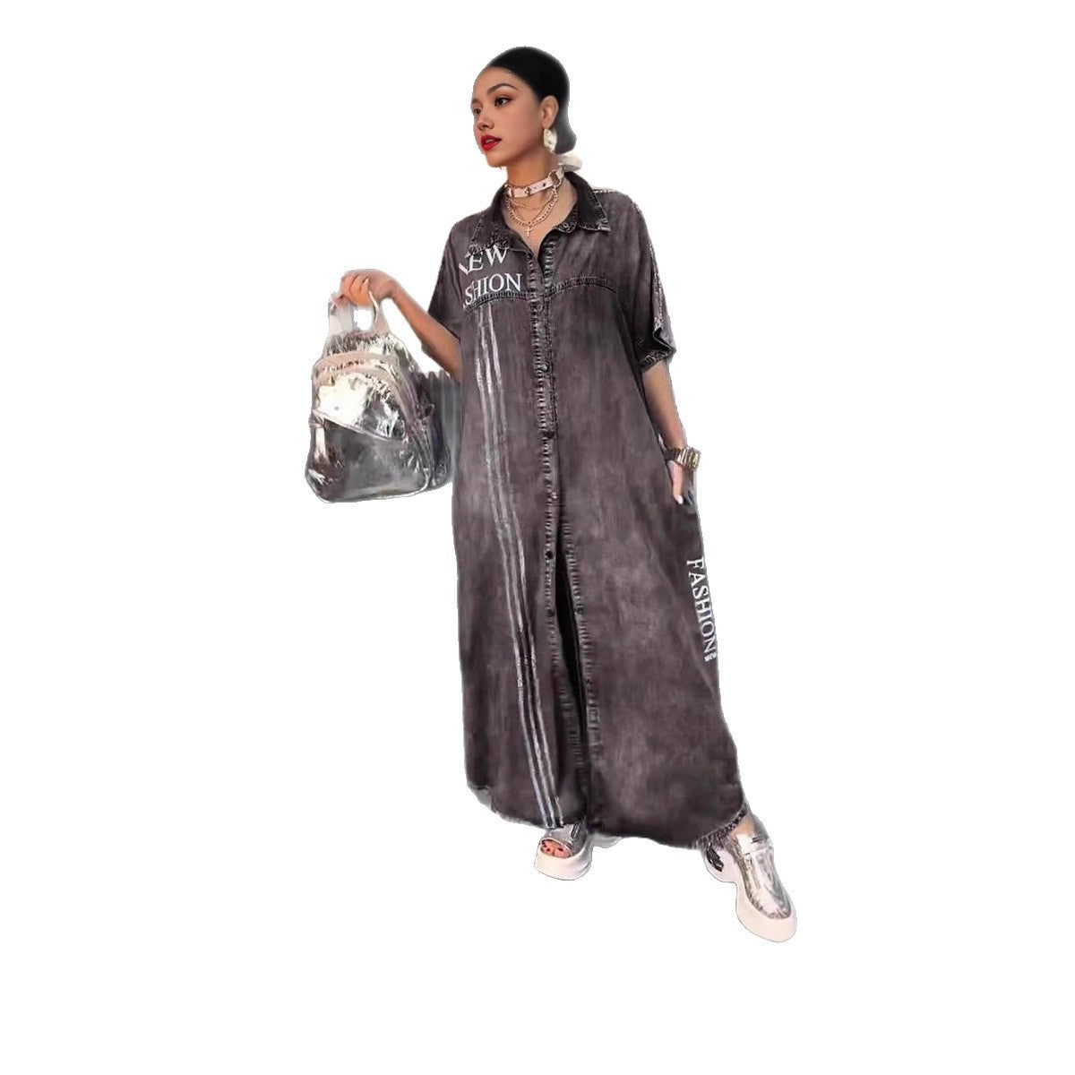 Spring Summer Mid-Length Denim Printed Dress