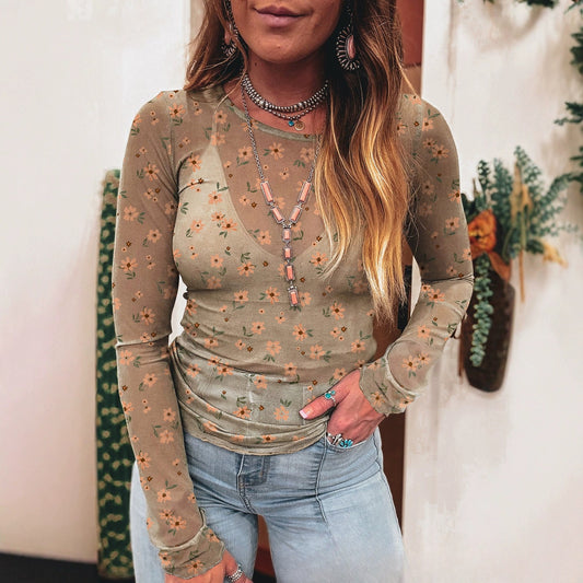 Casual Floral-print Crew-neck Long-sleeve Slim-fit Bottoming Top