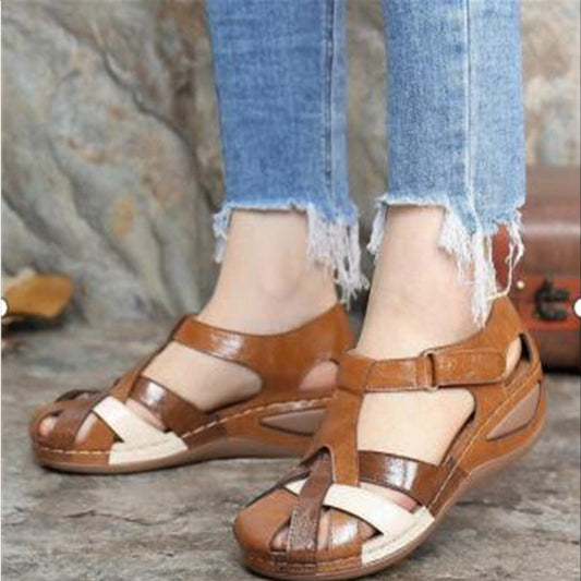 Wedge Heel Ladies Color Matching Car Stitching Retro Hollow Hole Shoes Large Size Shoes