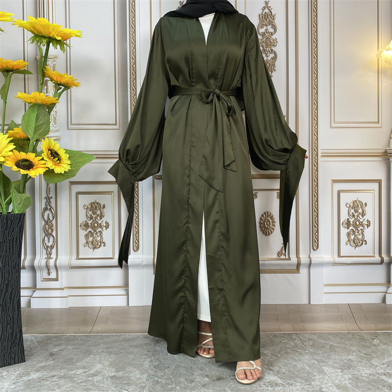 Thin Satin Tie Lantern Cuffs Cardigan