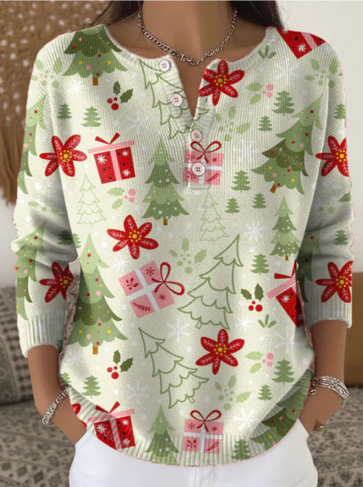 Womens Retro Printed Four-Button Stand-Up Collar Sweatshirt