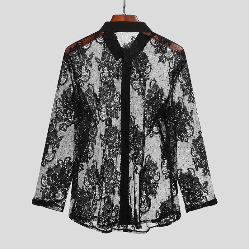 Mens Breathable Lace Long-Sleeve Mesh Shirt From Europe And The US